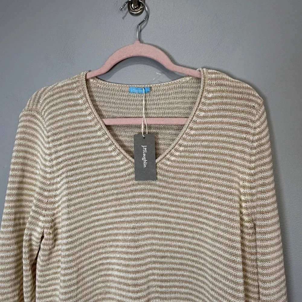 J. McLaughlin Havana‎ Yarn Striped V-Neck Sweater Tan White XL NWT